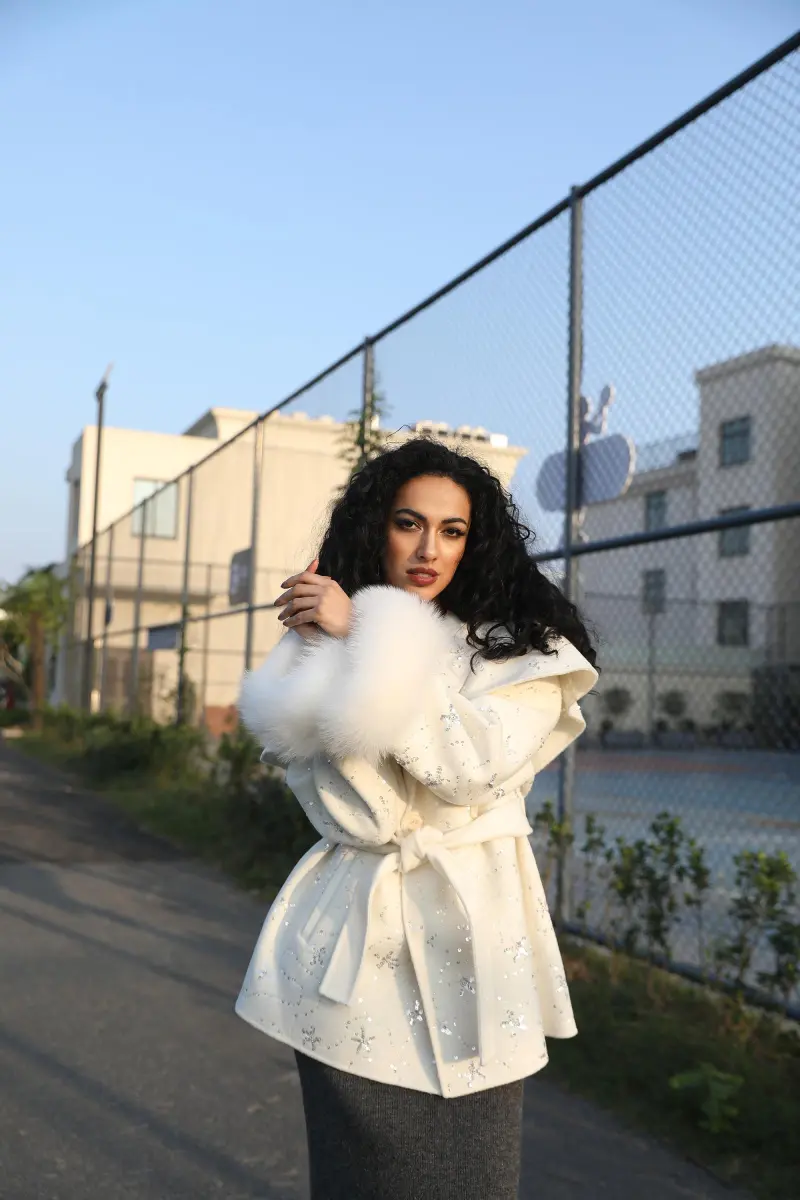 Double - faced Cashmere Outer Jacket for Women, Trendy Sequined Sash Double - faced Wool Coat