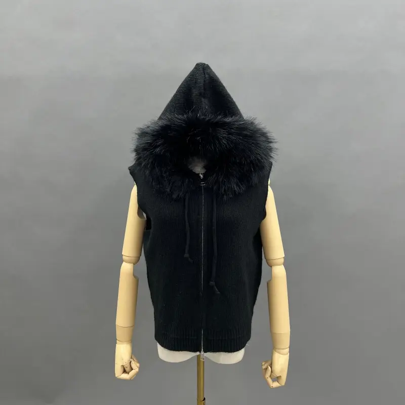 Women's Trendy Knitted Hooded Vest with Fur Collar33