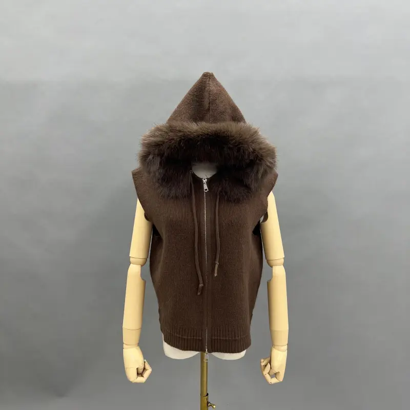 Women's Trendy Knitted Hooded Vest with Fur Collar25