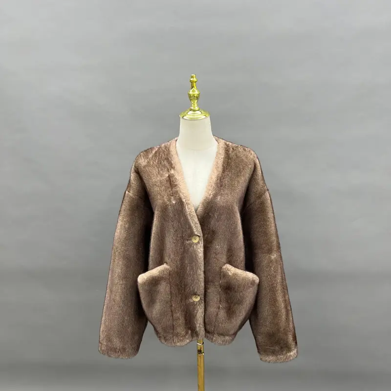 Eco Friendly Wool Jacket Women's New Style Chic V Neck Large Pocket Faux Fur Outerwear (8)