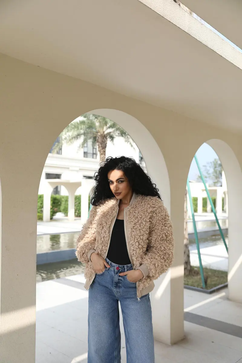 Eco Friendly Wool Baseball Jacket Women's Faux Fur Casual Daily Short Jacket (27)