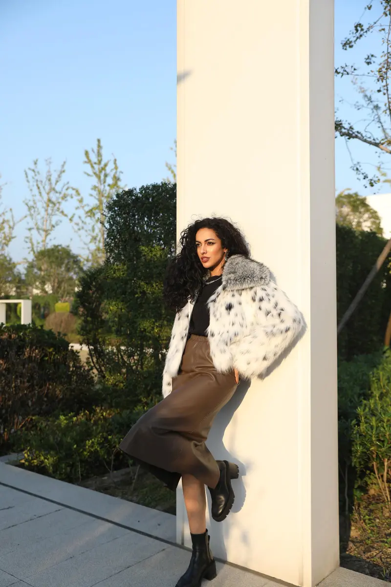 Eco Friendly Wool Coat Women's Avant Garde Notched Lapel Leopard Pattern Short Faux F ( (19)