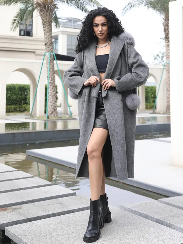 Double-Faced Wool Coat for Women Fashionable Removable Hat Long Double-Faced Wool Outer Coat