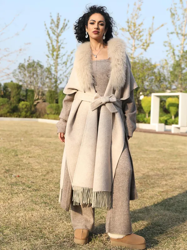 Double-Faced Cashmere Cape Coat for Women with Chic Fringe Double-Faced Wool Shawl Coat