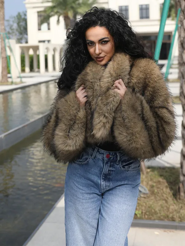 Eco-friendly Raccoon Fur Waistshow Coat for Women Fashion Trendy Faux Raccoon Fur Short Outer Coat
