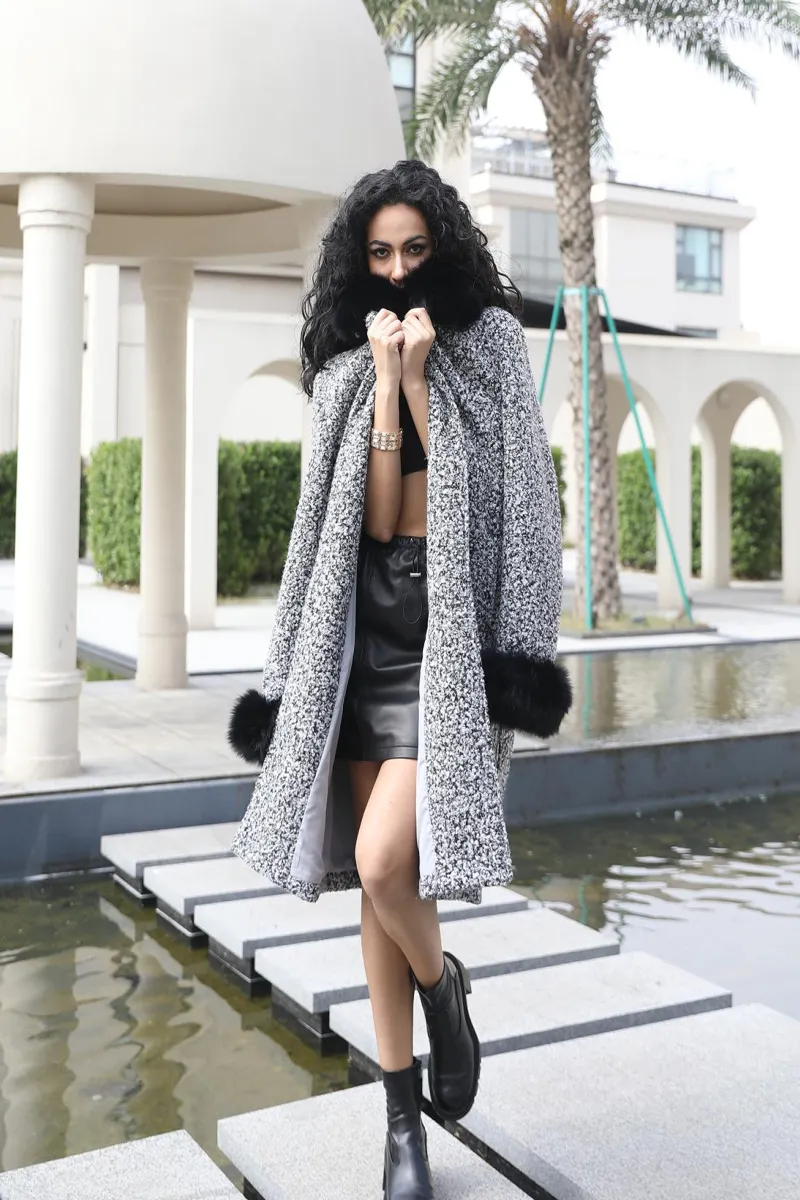 Women's Elegant Large Notched Fur - Collar Belted Patchwork Outer Coat