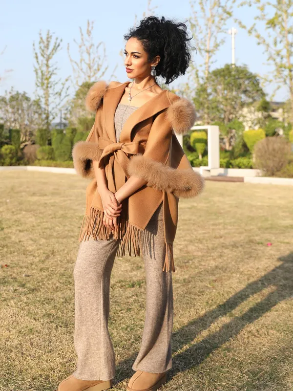 Double-Faced Cashmere Cape Coat for Women with Hood and Fringe Double-Faced Wool Outer Jacket