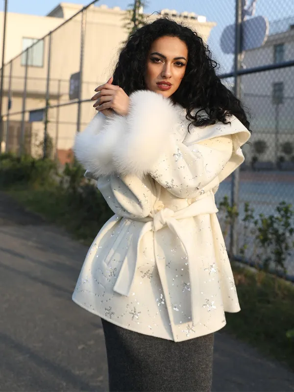 Double - faced Cashmere Outer Jacket for Women, Trendy Sequined Sash Double - faced Wool Coat