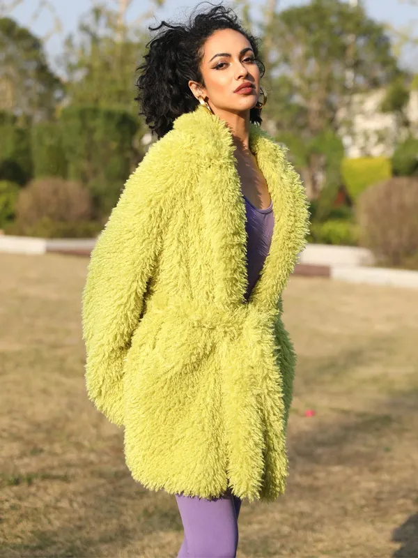 Eco-Friendly Faux Fur Coat Women's Stylish Suit Collar Belted Faux Fur Jacket