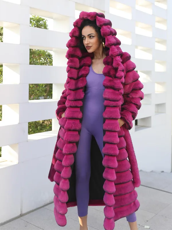 Eco Friendly Faux Fur Jacket with Hood Women's Fashionable Long Coat with Chinchilla Pattern