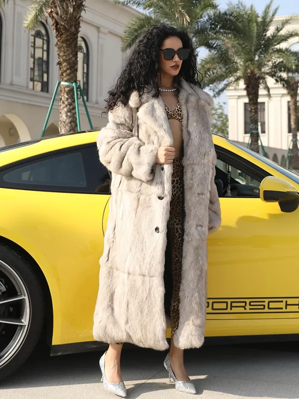 Women's Luxurious Long Rabbit Fur Coat with a Lapel