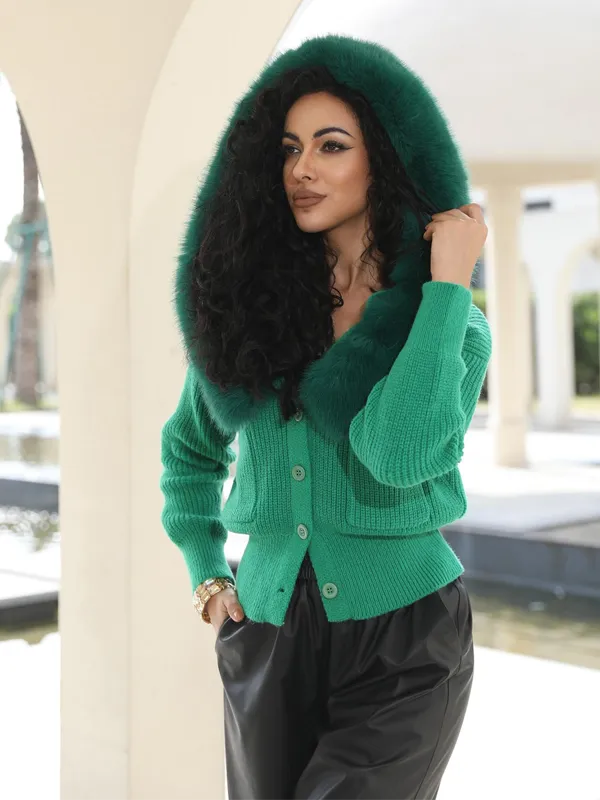 Women's Knitted Hooded Faux Fur Collar Active Fashion Jacket
