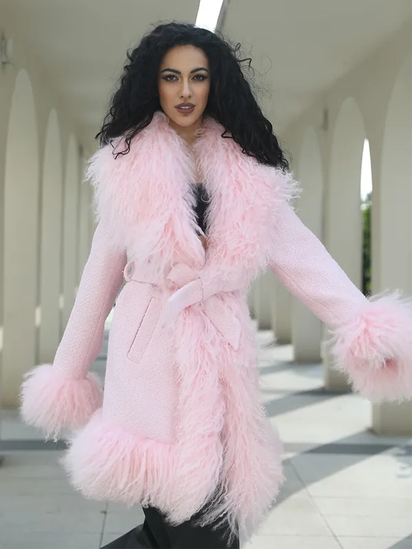 Wholesale Long Mongolian Lamb Fur Womens Fashion Lace Up Fur Coat (55)