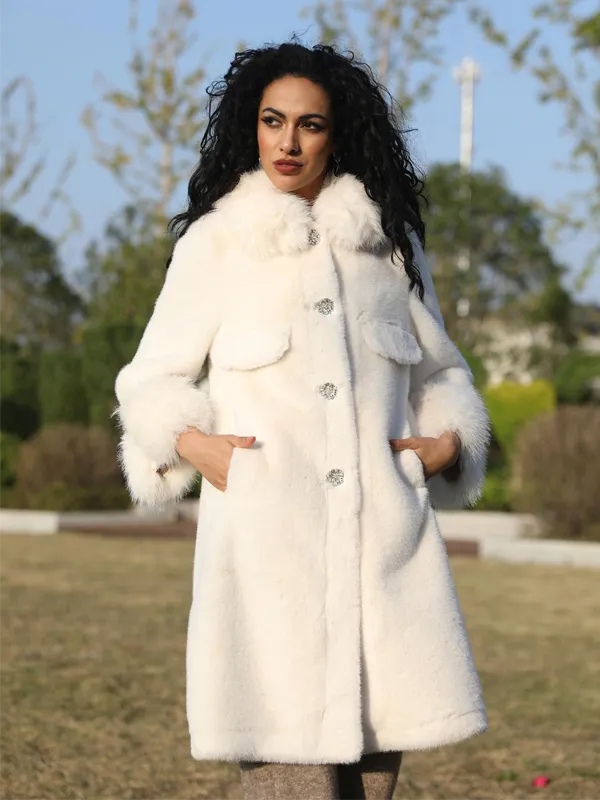 Eco-Friendly Mink Fur Faux Mink Fur Women's Jacket with Square Collar and Rhinestone Buttons