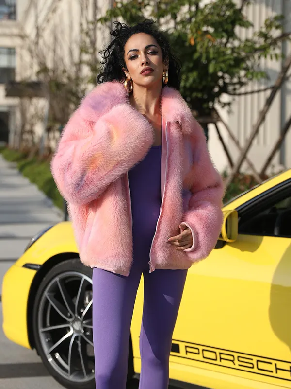 Janefur Lapel Zipper Womens Short Gorgeous Pink Faux Fur Jacket 