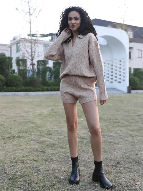 Women's Early Autumn Collared Knit Suit Knit Innerwear Two-Piece Set 