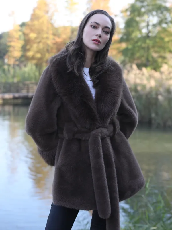 Women's New Brown Stylish Lapel Faux Fur Mink Coat
