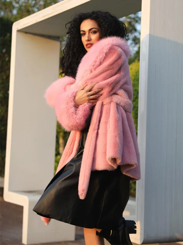 Eco-friendly Mink Fur Faux Mink Fur Shawl Collar Skirt Hem Women's Winter Coat