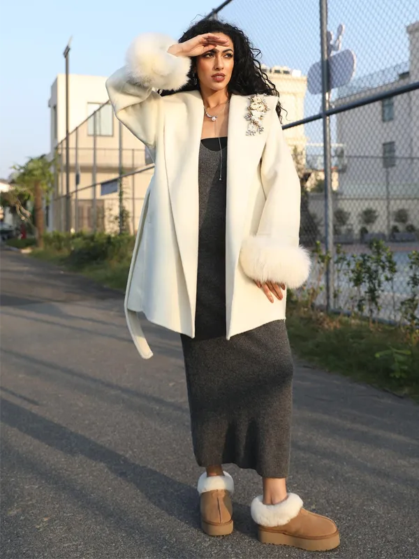 Double-Faced Wool Coat for Women with Elegant Shawl Collar and Rhinestone Flowers Double-Faced Cashmere Jacket