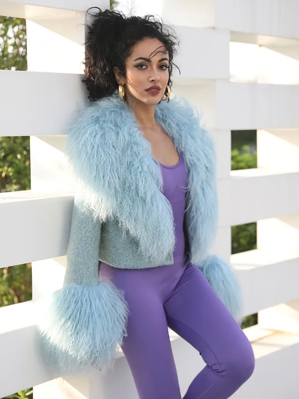 Janefur Womens Charming Ultra-short Mongolian Lamb Fur Coat Fashion Outerwear Fur Jacket
