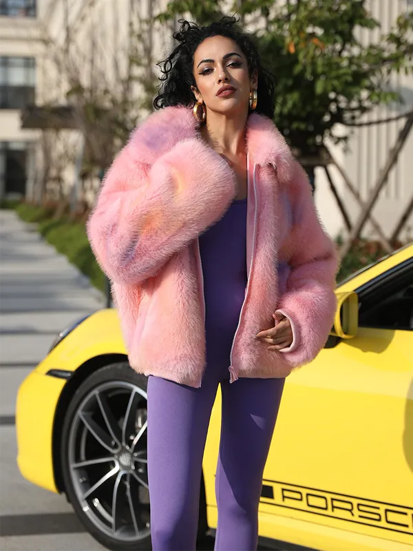 Lapel Zipper Womens Short Gorgeous Pink Faux Fur Jacket