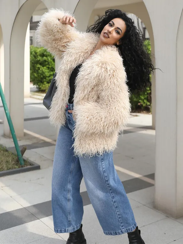 Faux Mongolian Lamb Wool Coat Eco Friendly Mongolian Lamb Wool Women's Elegant Notched Collar Short Coat Jacket