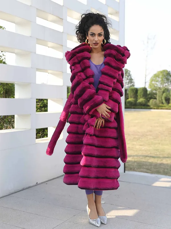 Janefur Fashionable Womens Eco-friendly Fur coat Long Hooded Chinchilla Fake Fur Jacket