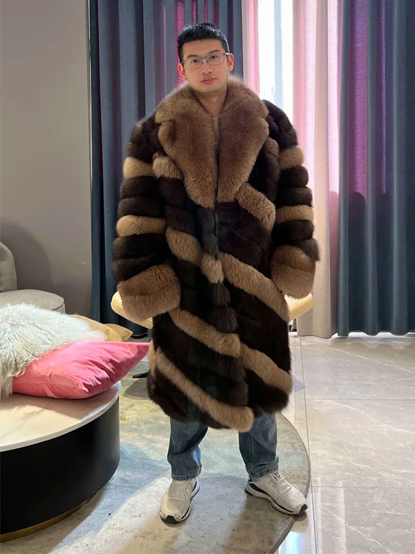 Missjanefur Mens Colorblock Long Fox Fur Coat