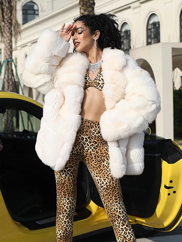 Fox Fur Women's Classic Lapel Striped Mid-Length Coat