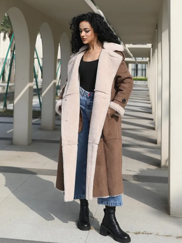 Leather and Fur Combo Merlot Double-Breasted Women's Vintage Long Coat
