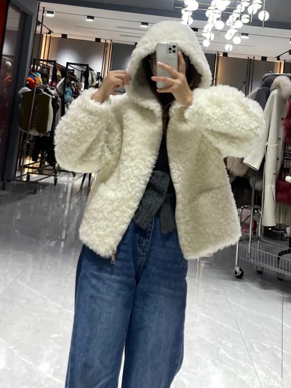 Faux Shearling Outerwear Coat Women's Elegant Hooded Faux Shearling Jacket