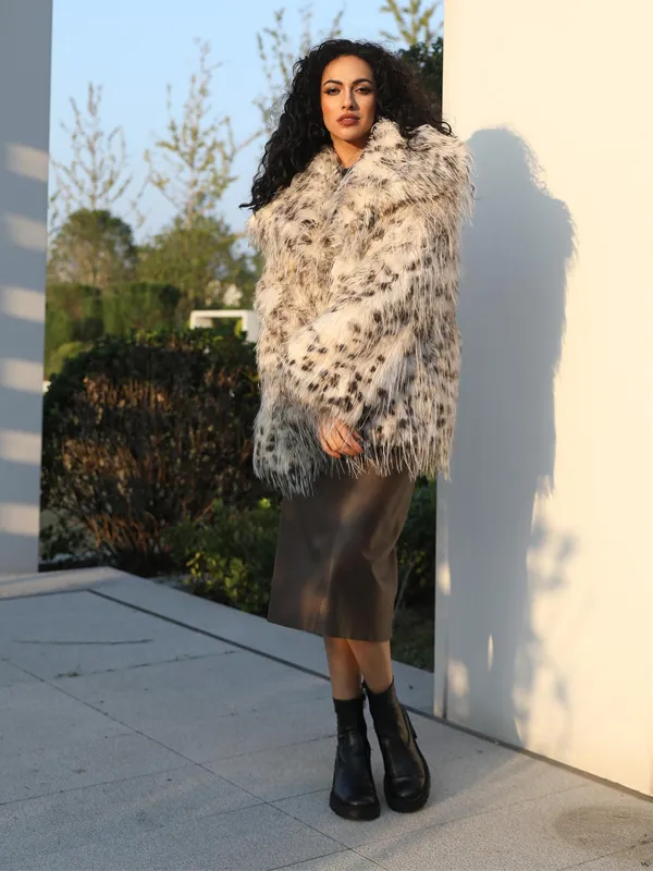Eco-Friendly Faux Fur Coat Large Lapel Lynx Pattern Women's Short Jacket