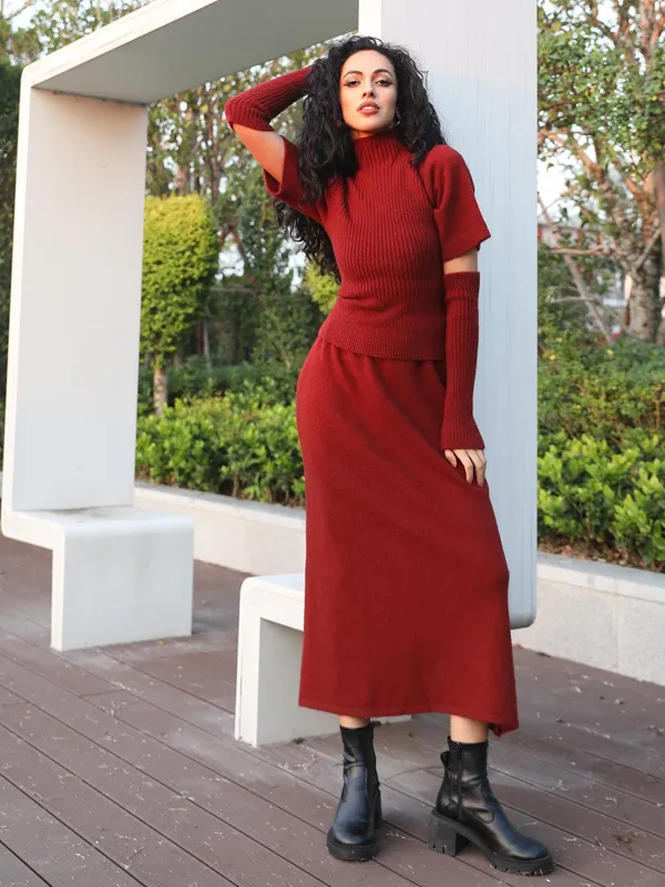 Women's Knit Top and Sleeves with Long Skirt Knit Set Knit Innerwear Three-Piece Set 