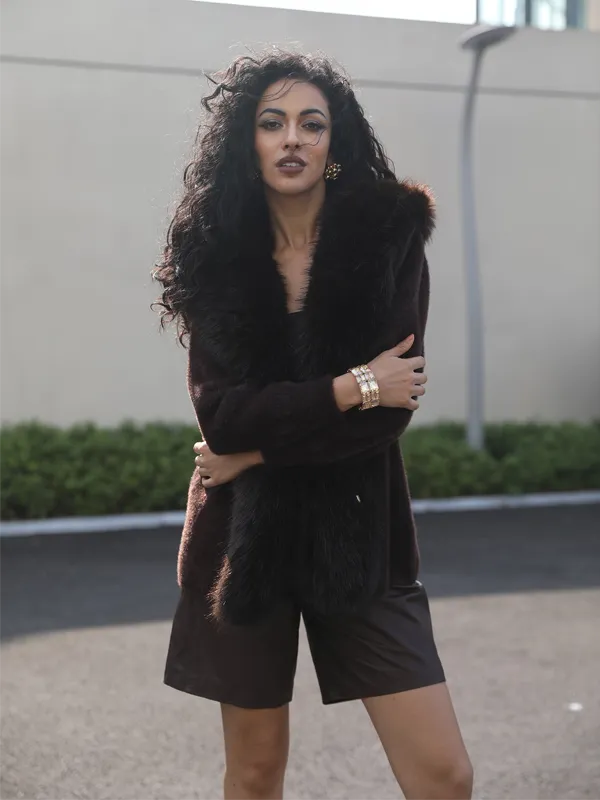 Women's Fox Pile Knit Coat with Faux Mink Placket and Faux Fur Collar