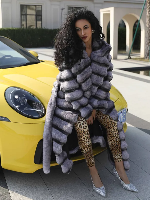  Eco Friendly Faux Fur Women's Casual Notched Collar Chinchilla Pattern Long Coat