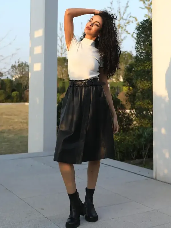 Women's A-Line Draped Mid-Length Versatile Leather Skirt