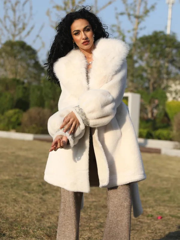 Eco-Friendly Faux Mink Fur Women's Jacket with Shawl Collar and Rhinestone Trim
