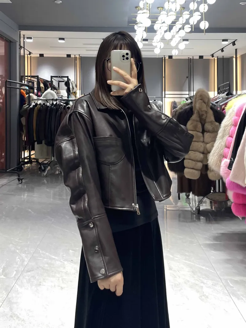 Leather Cropped Jacket with Button Details