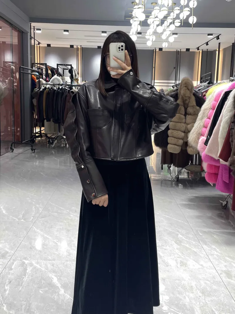 Leather Cropped Jacket with Button Details