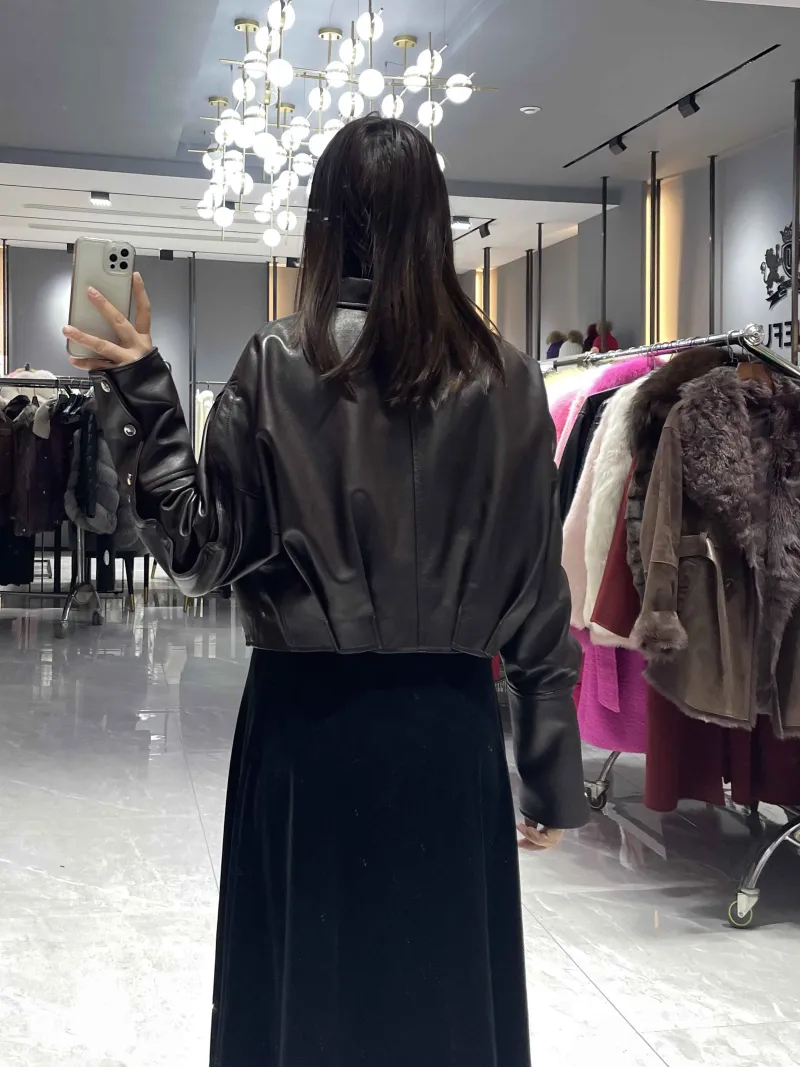 Leather Cropped Jacket with Button Details