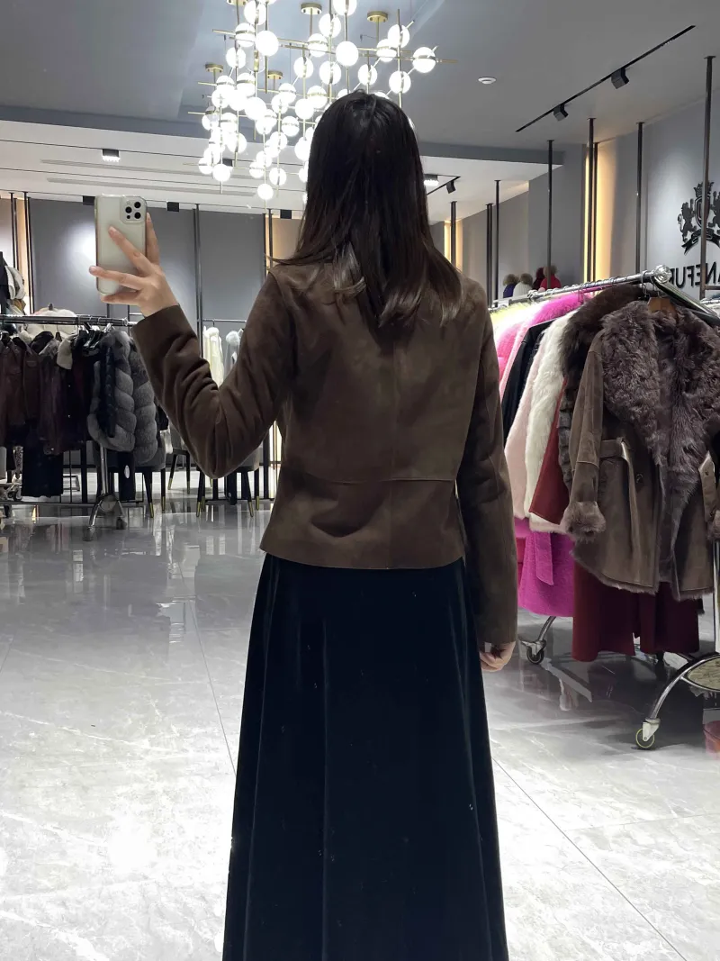 Suede Zip-Up Jacket with Asymmetric Hem