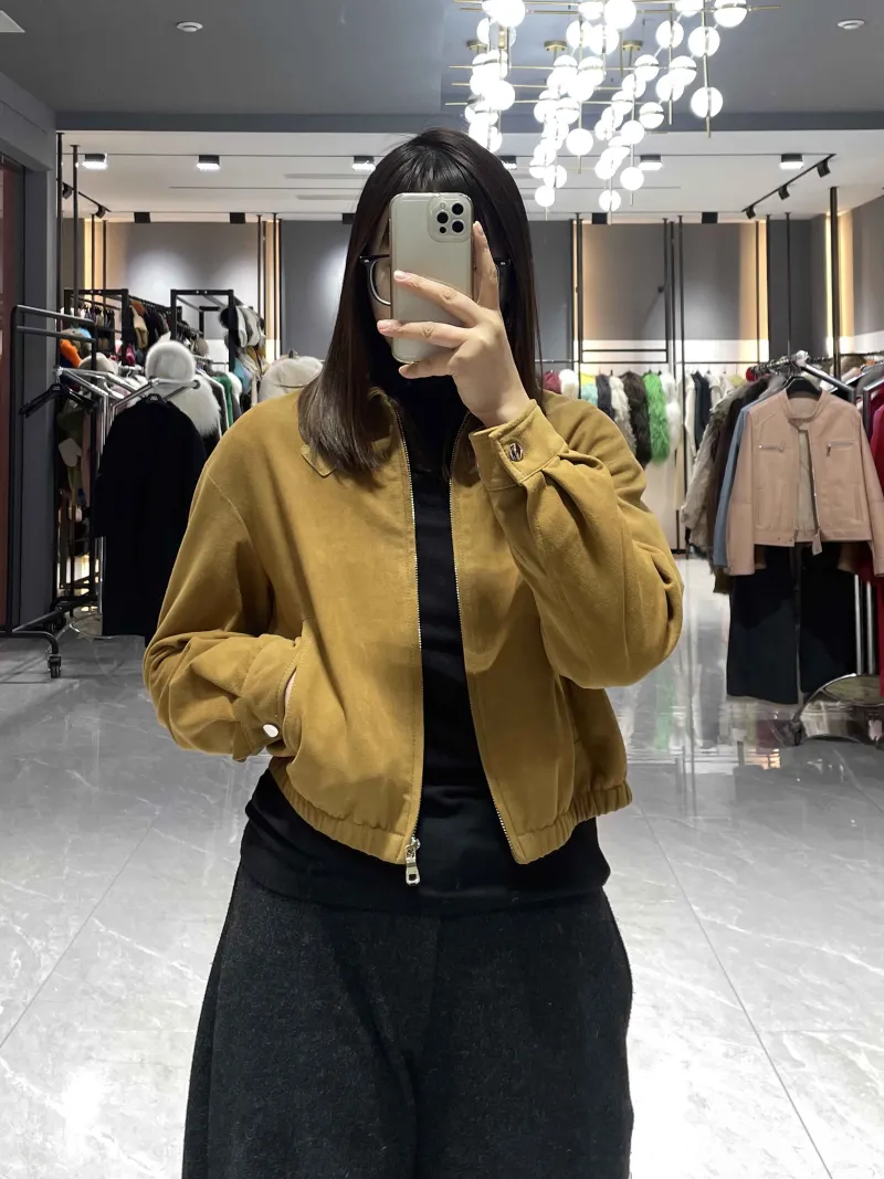 Suede Bomber Jacket with Zip Closure