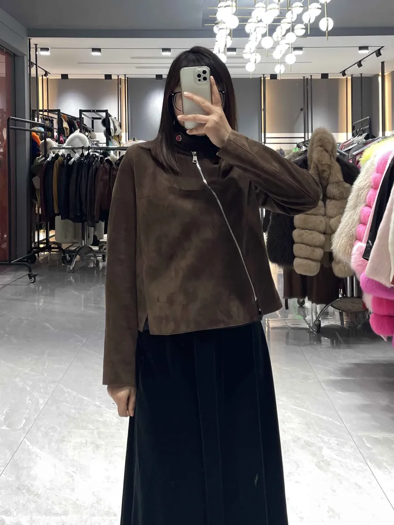 Suede Zip-Up Jacket with Asymmetric Hem