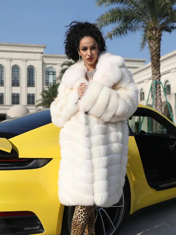 Women's Luxurious Fox Fur Lapel Striped Long Coat Fur Jacket 