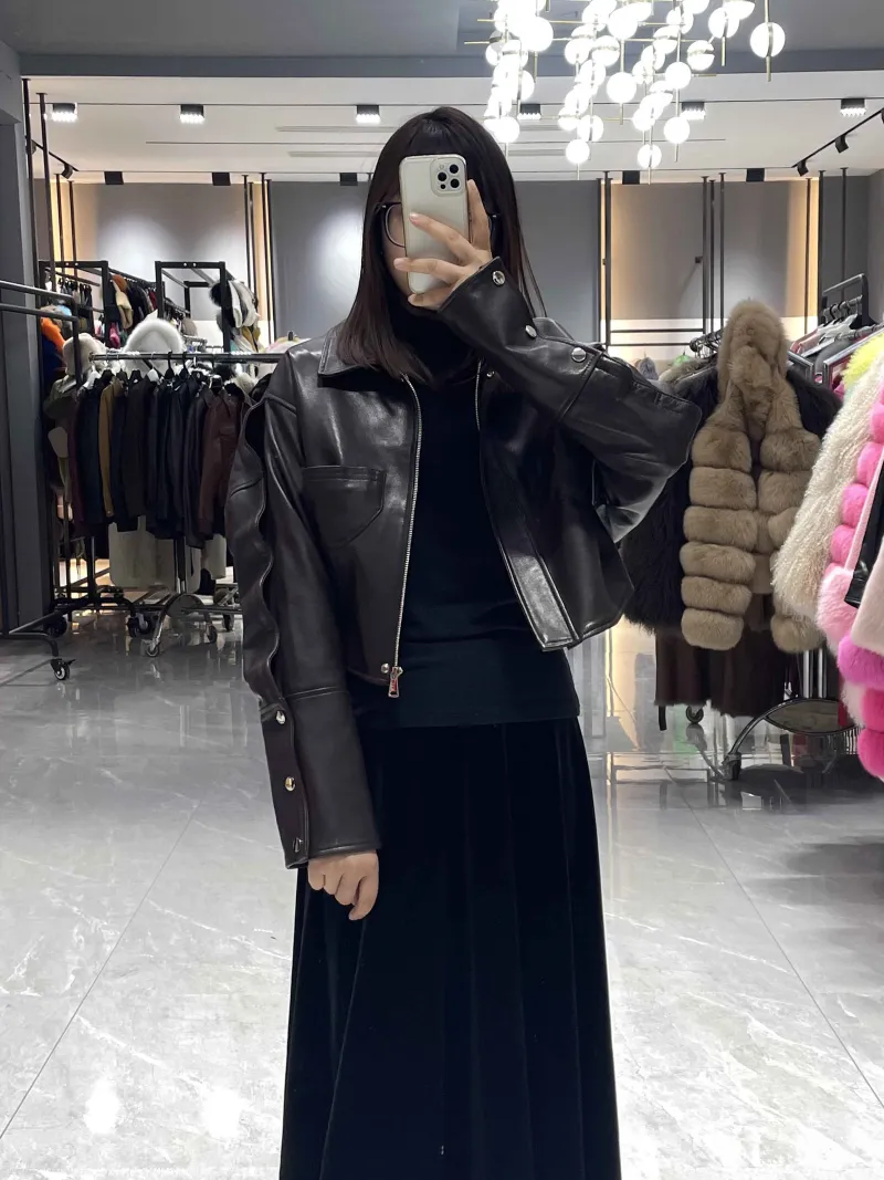 Leather Cropped Jacket with Button Details