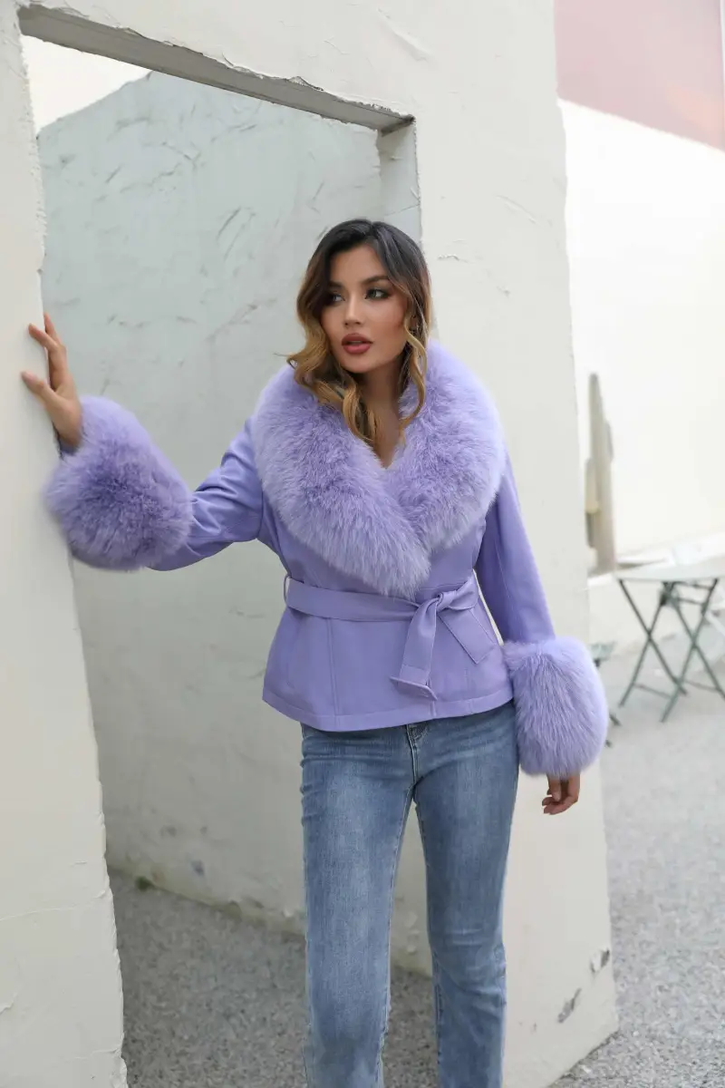 Fox fur collar belt leather coat-(49)