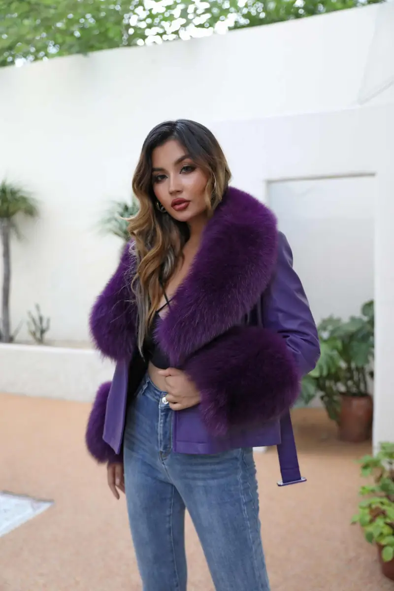 Fox fur collar belt leather coat-(27)