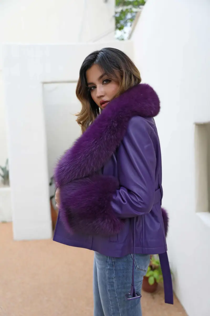Fox fur collar belt leather coat-(32)