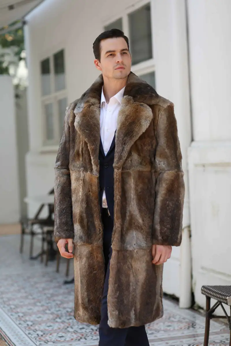 High Quality Men's Real Natural Fur Long Coat With Lapel Men's Rabbit Fur Coat