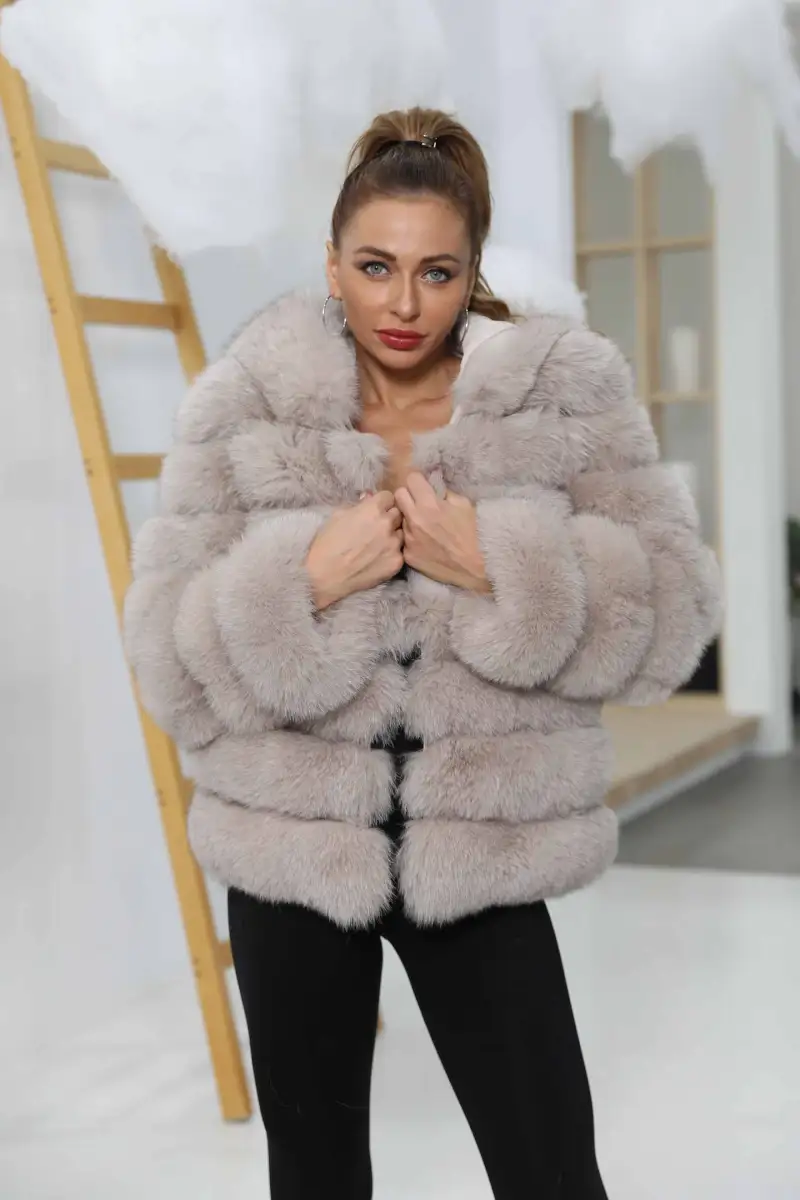 Fashion Women's Solid Color Real Fox Fur Warm Coat With Hat